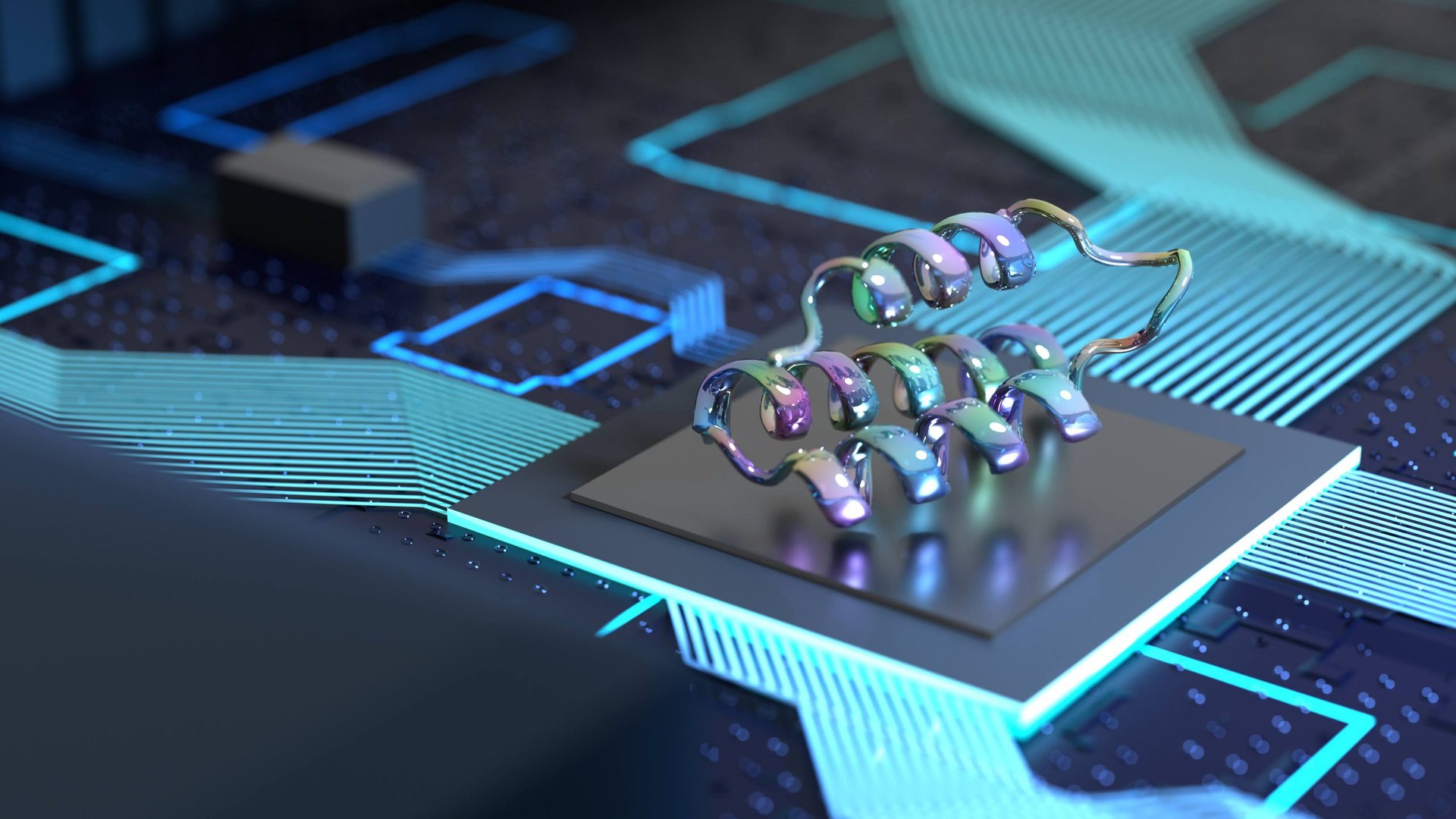 A designed protein resting on a chip, rendered in light